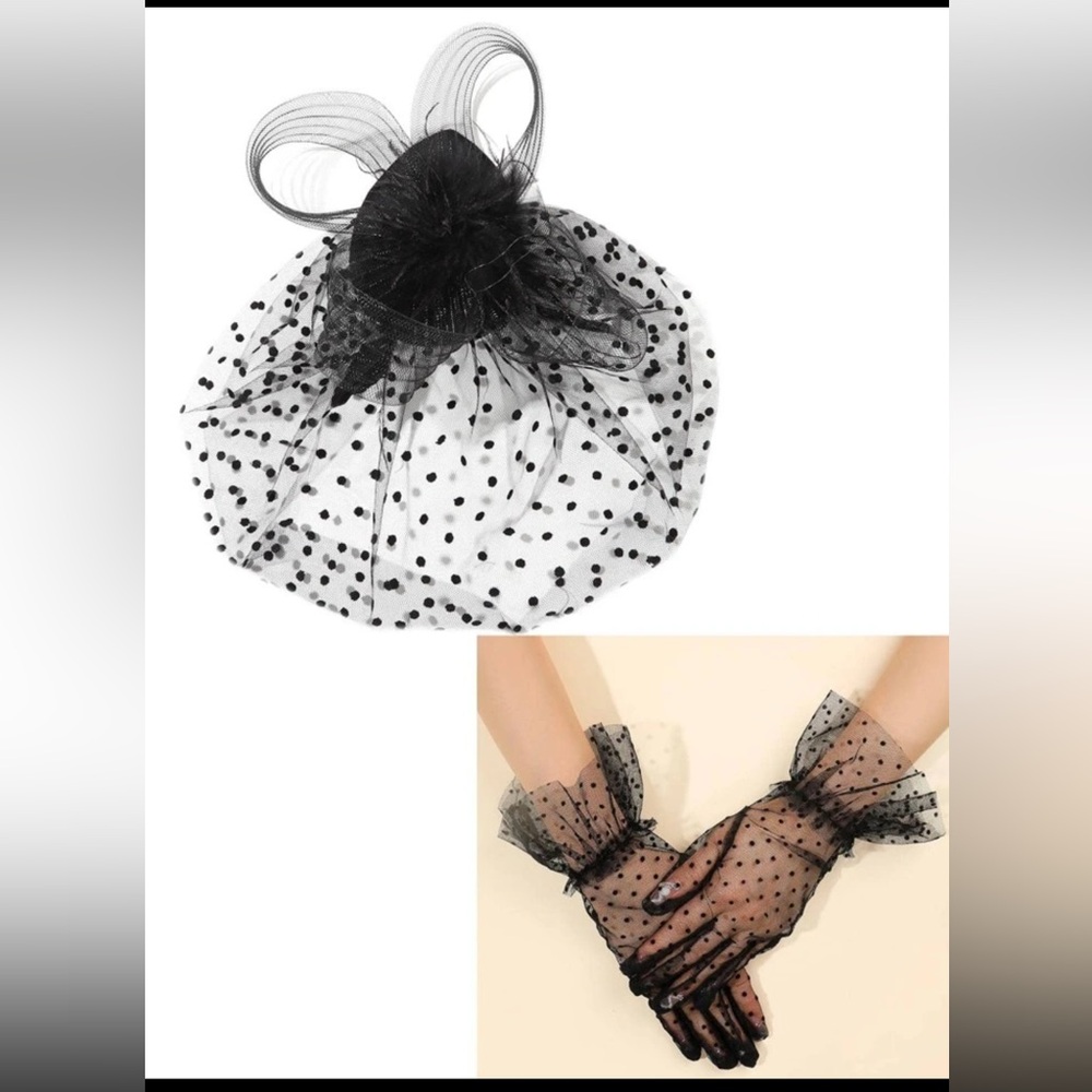 Women Polka Dot Flower Decor Fashion Hair Clip & Gloves Set